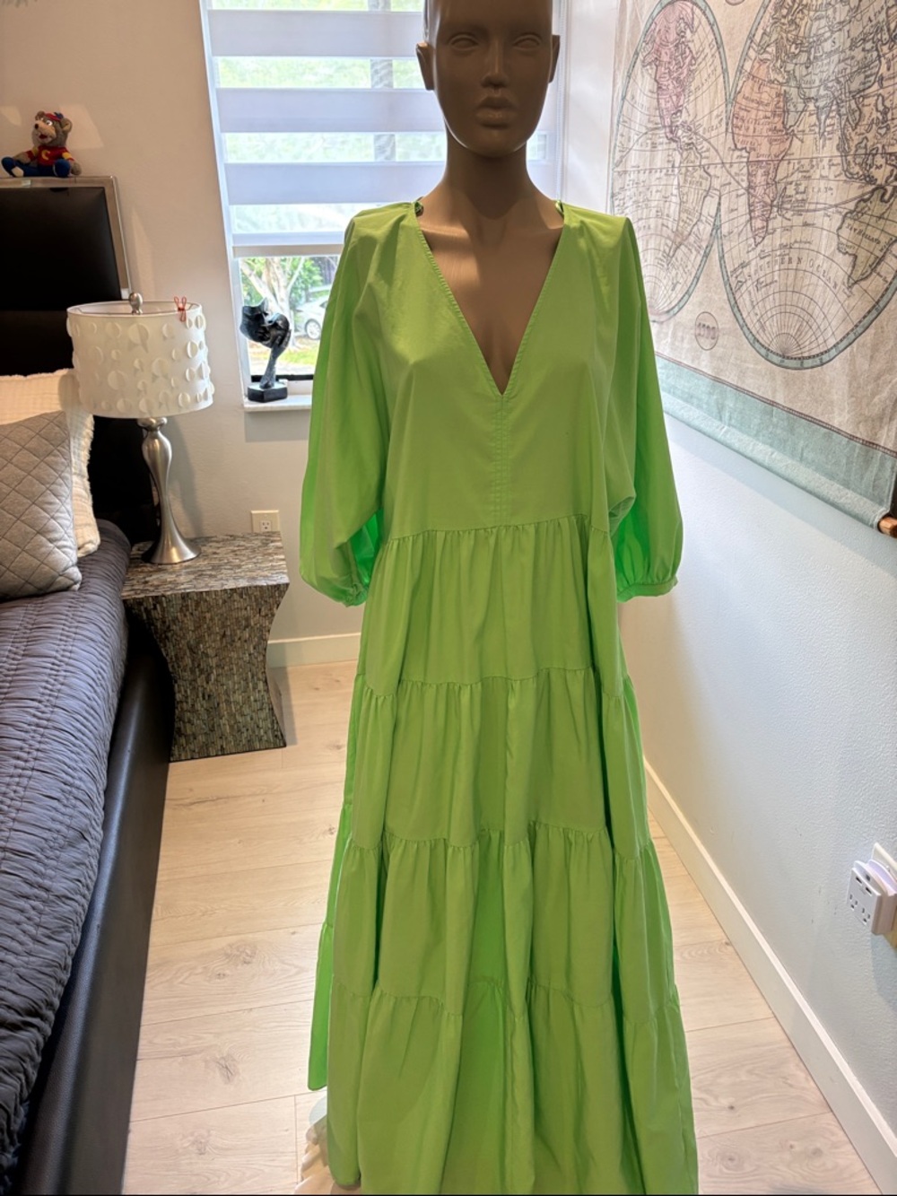 Zara Lime Green Tiered V-Neck Maxi Dress